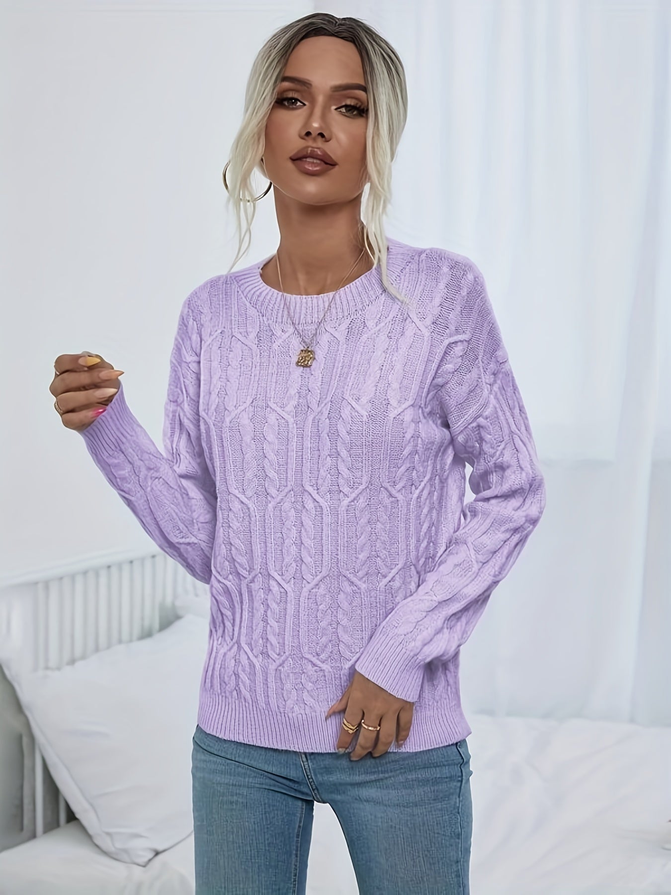 Sixsr Twist Pattern Crew Neck Sweater, Casual Long Sleeve Sweater For Fall & Winter, Women's Clothing