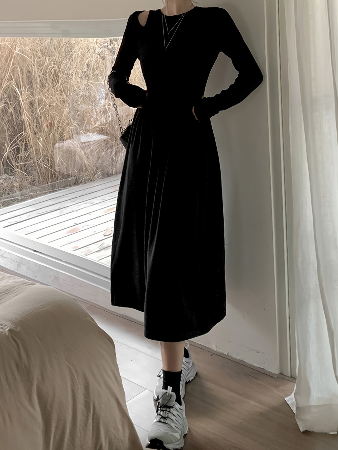 Sixsr Cut Out Long Sleeve A-line Dress, Chic Crew Neck Midi Length Dress, Women's Clothing