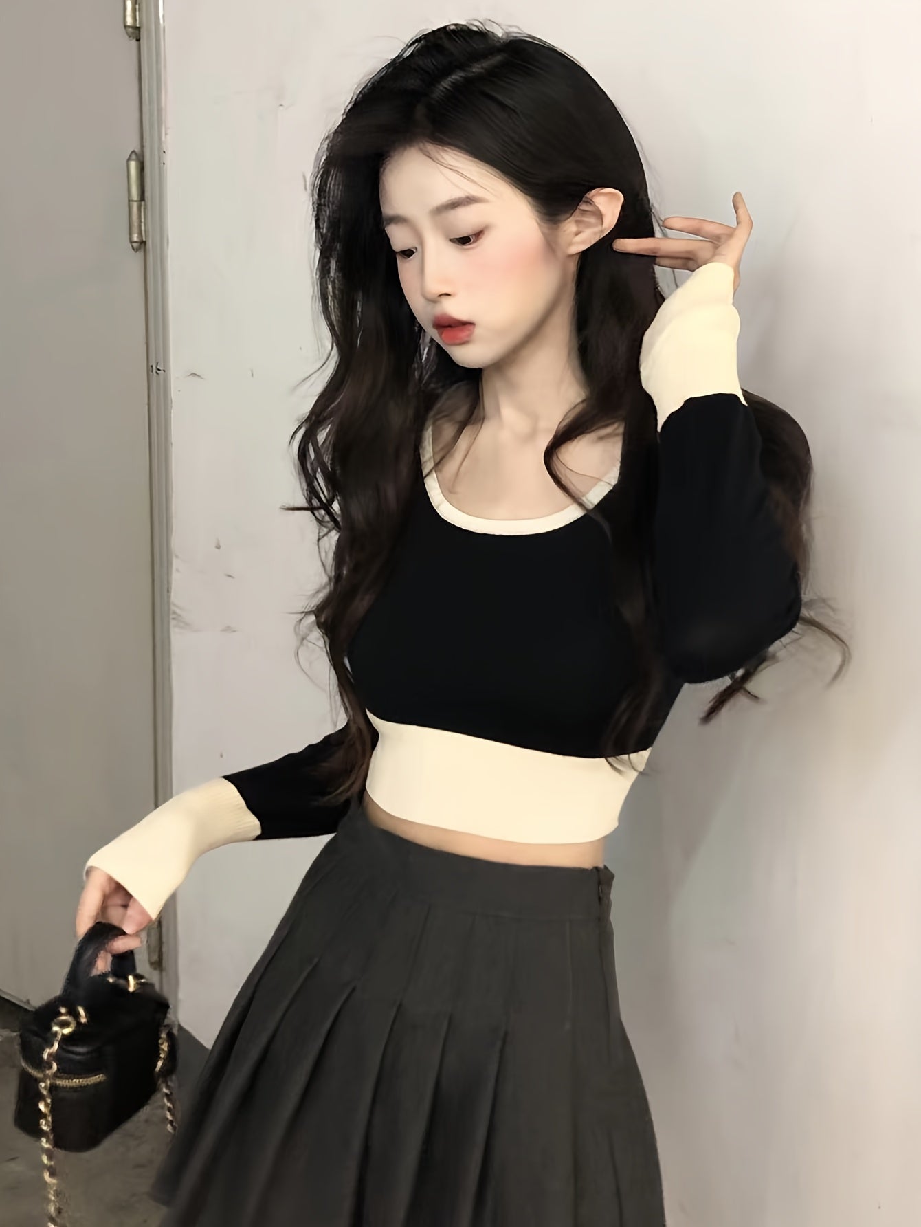 Sixsr Color Block Scoop Neck Knitted Top, Vintage Long Sleeve Crop Fashion Sweater, Women's Clothing