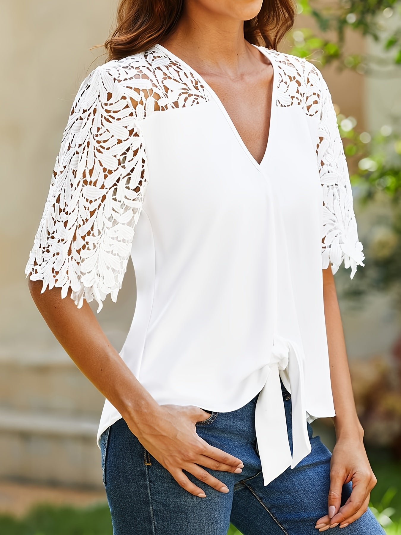 Sixsr Elegant Cut Out Solid T-Shirt, V Neck Petal Sleeve Top For Summer & Spring, Women's Clothing