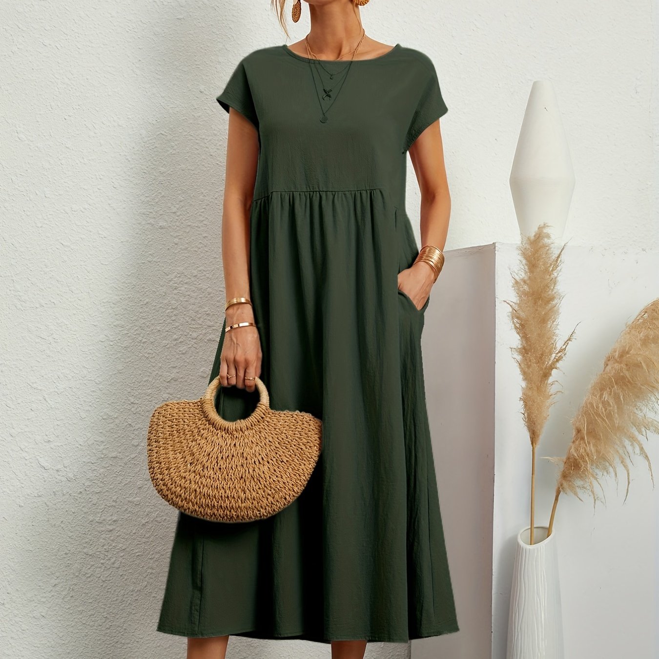 Sixsr Loose Pocket Solid Dress, Casual Short Sleeve Crew Neck Waist Summer Dress, Women's Clothing
