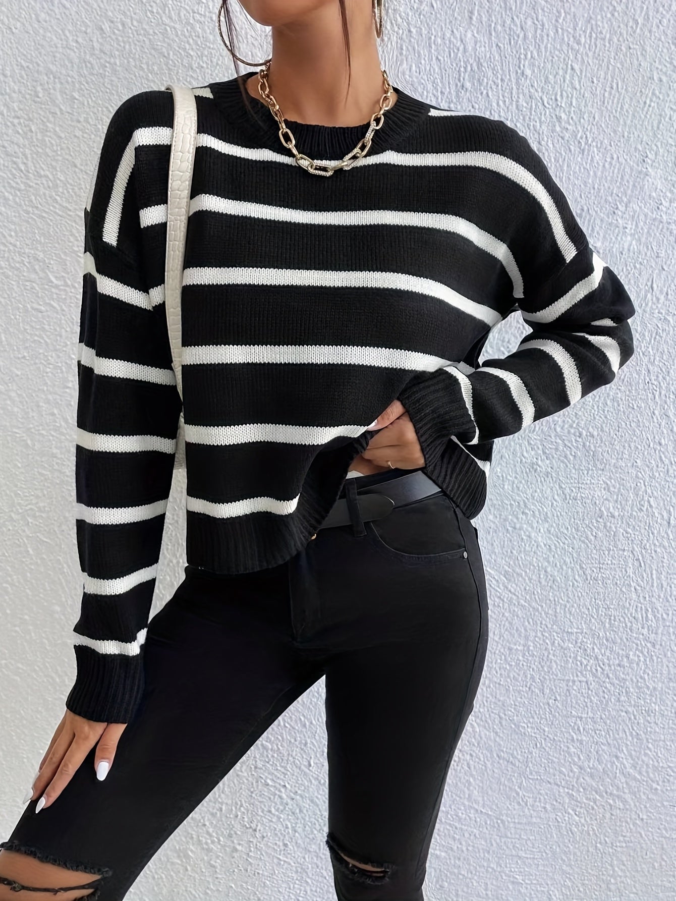 Sixsr Striped Print Drop Shoulder Knit Sweater, Casual Crew Neck Long Sleeve Sweater, Women's Clothing