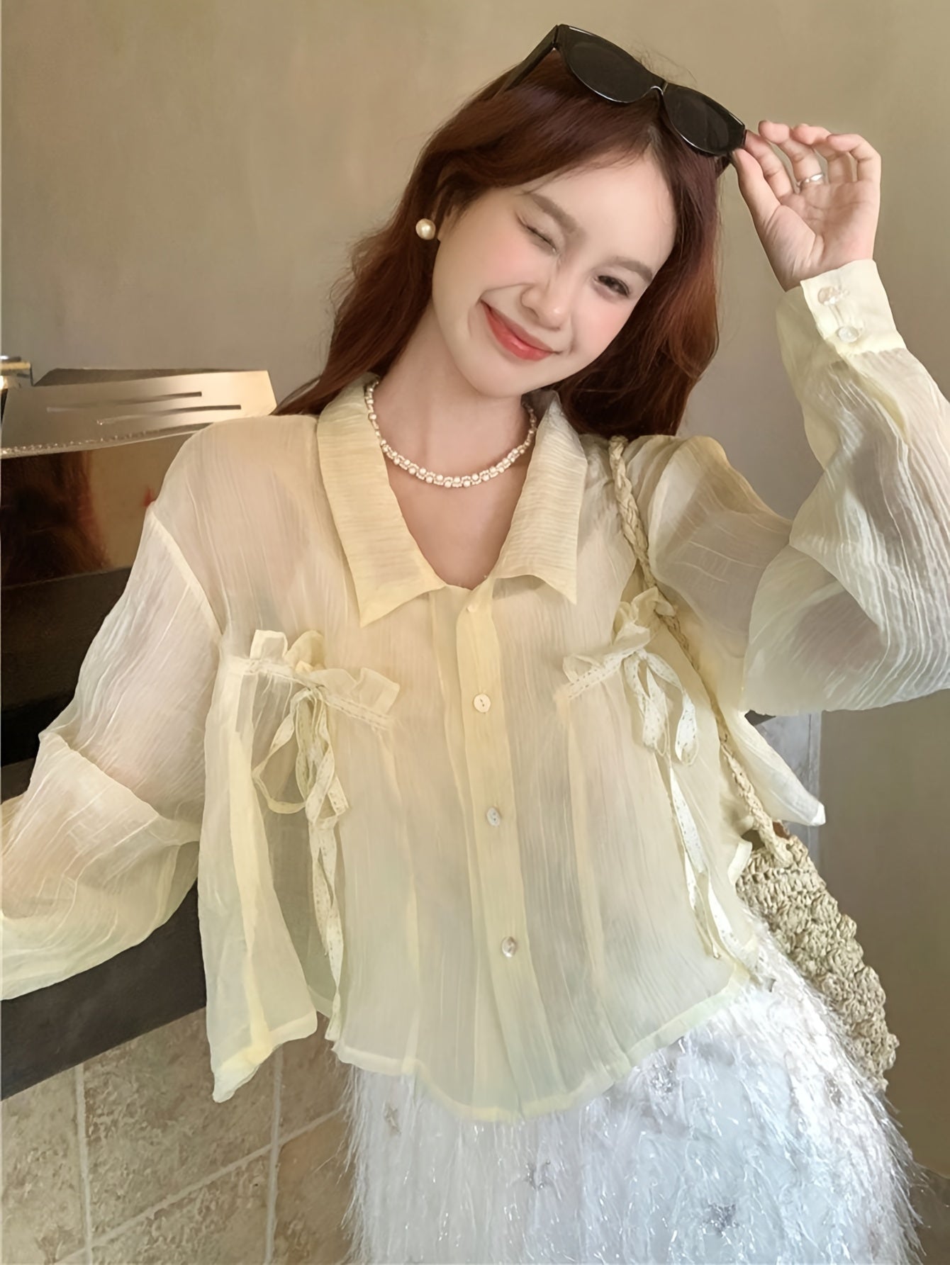 Sixsr Solid Ruffle Trim Mesh Blouse, Elegant Long Sleeve Button Front Blouse For Spring & Fall, Women's Clothing