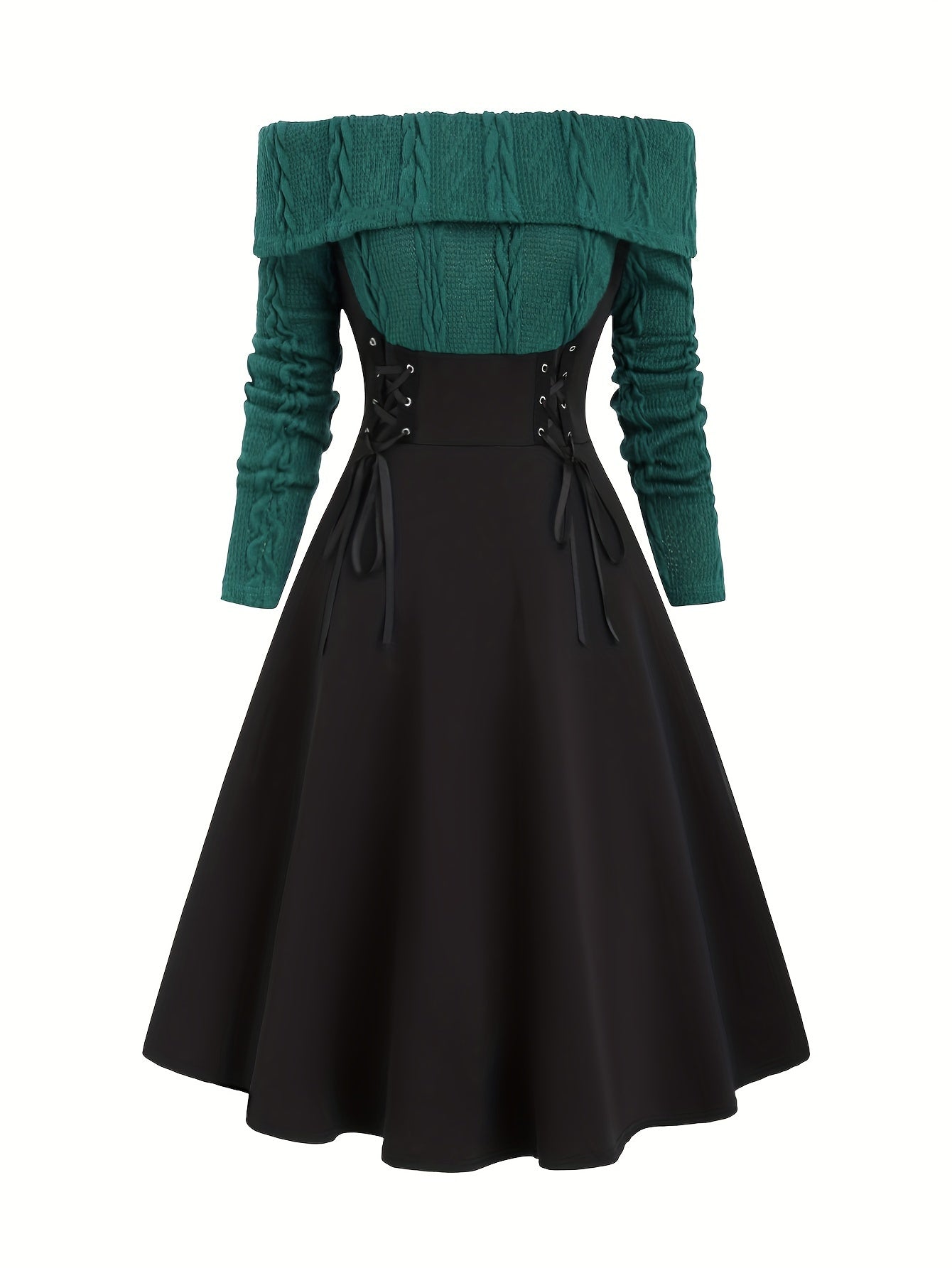 Sixsr Color Block Off Shoulder Dress, Elegant Vintage Long Sleeve Dress, Women's Clothing