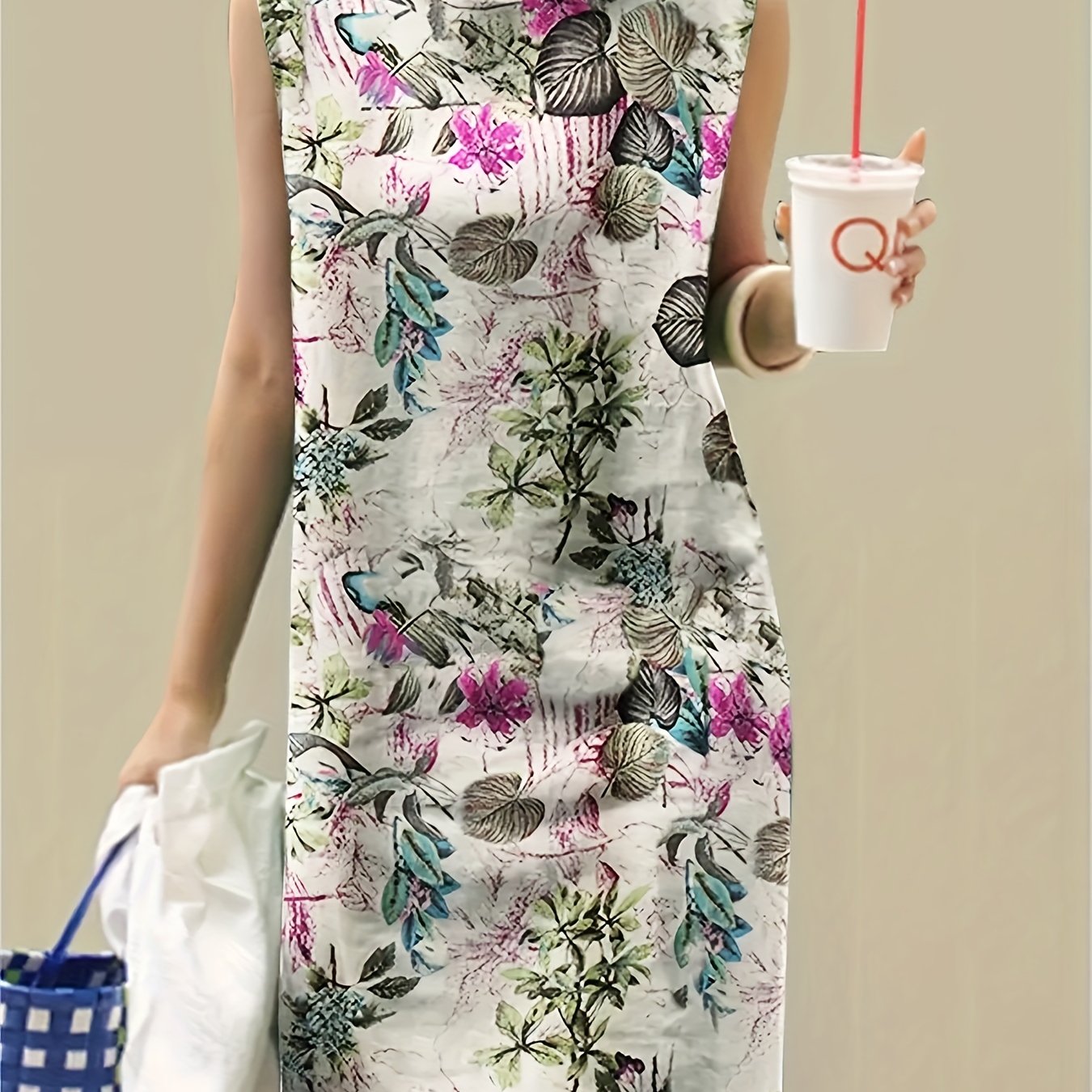 Leaves Print Crew Neck Tank Dress, Vintage Sleeveless Dress For Spring & Summer, Women's Clothing