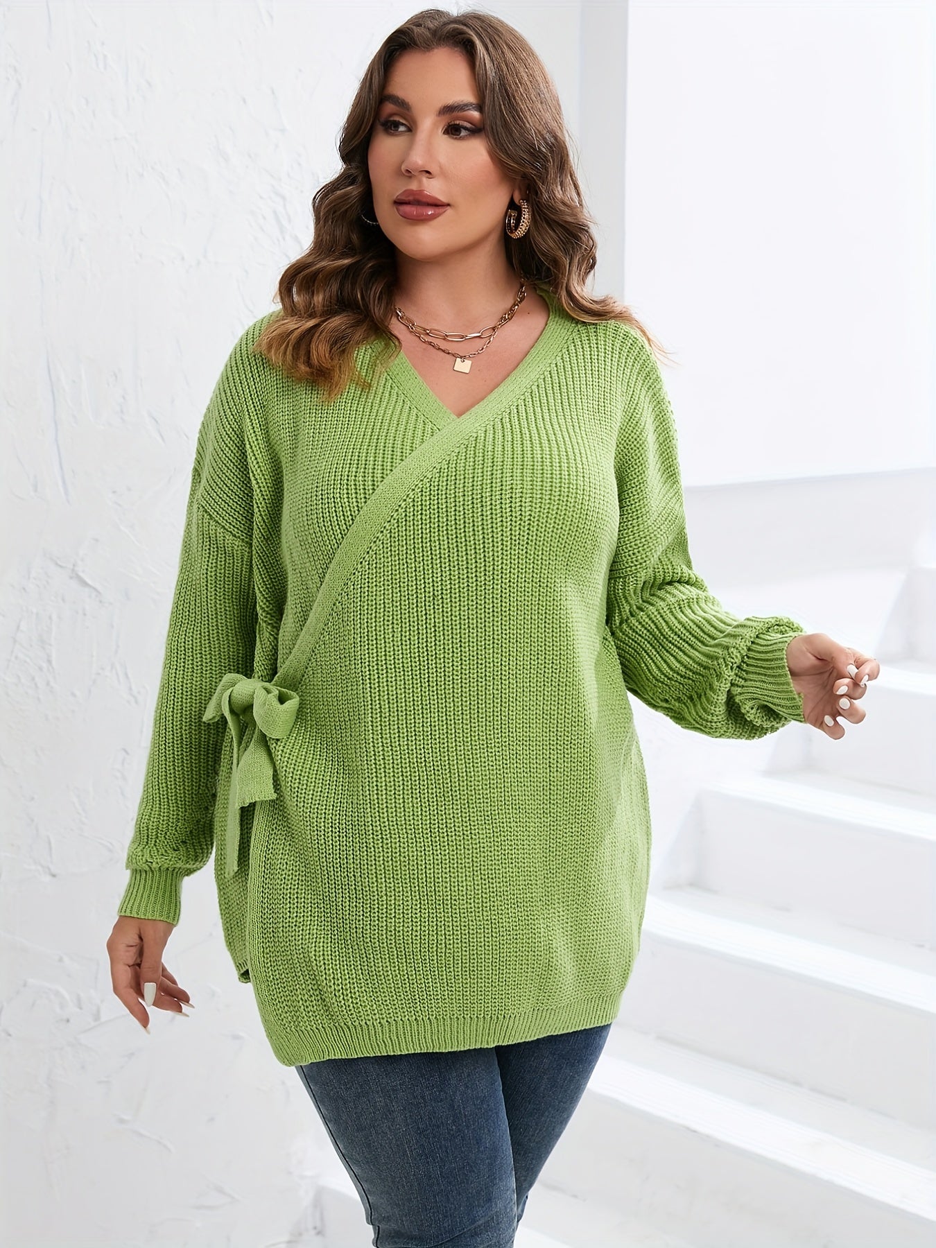 Sixsr Plus Size V Neck Rib Knit Belted Wrap Sweater, Women's Plus Slight Stretch Casual Sweater
