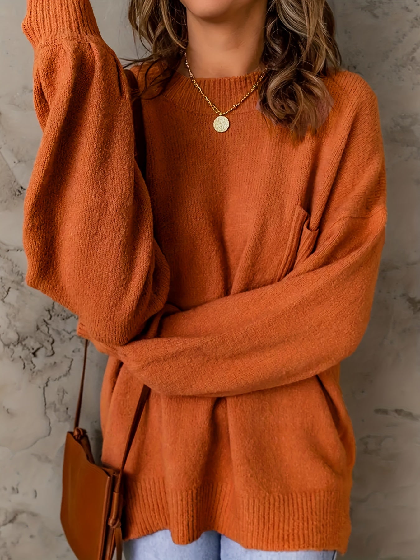 Sixsr Plus Size Casual Sweater, Women's Plus Solid Lantern Sleeve Round Neck Medium Stretch Jumper