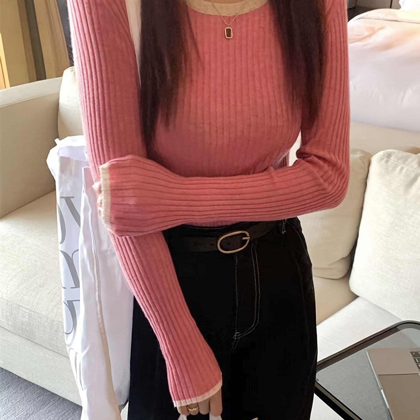 Sixsr Contrast Trim Crew Neck Knitted Top, Casual Long Sleeve Inner Wear Slim Pullover Sweater, Women's Clothing