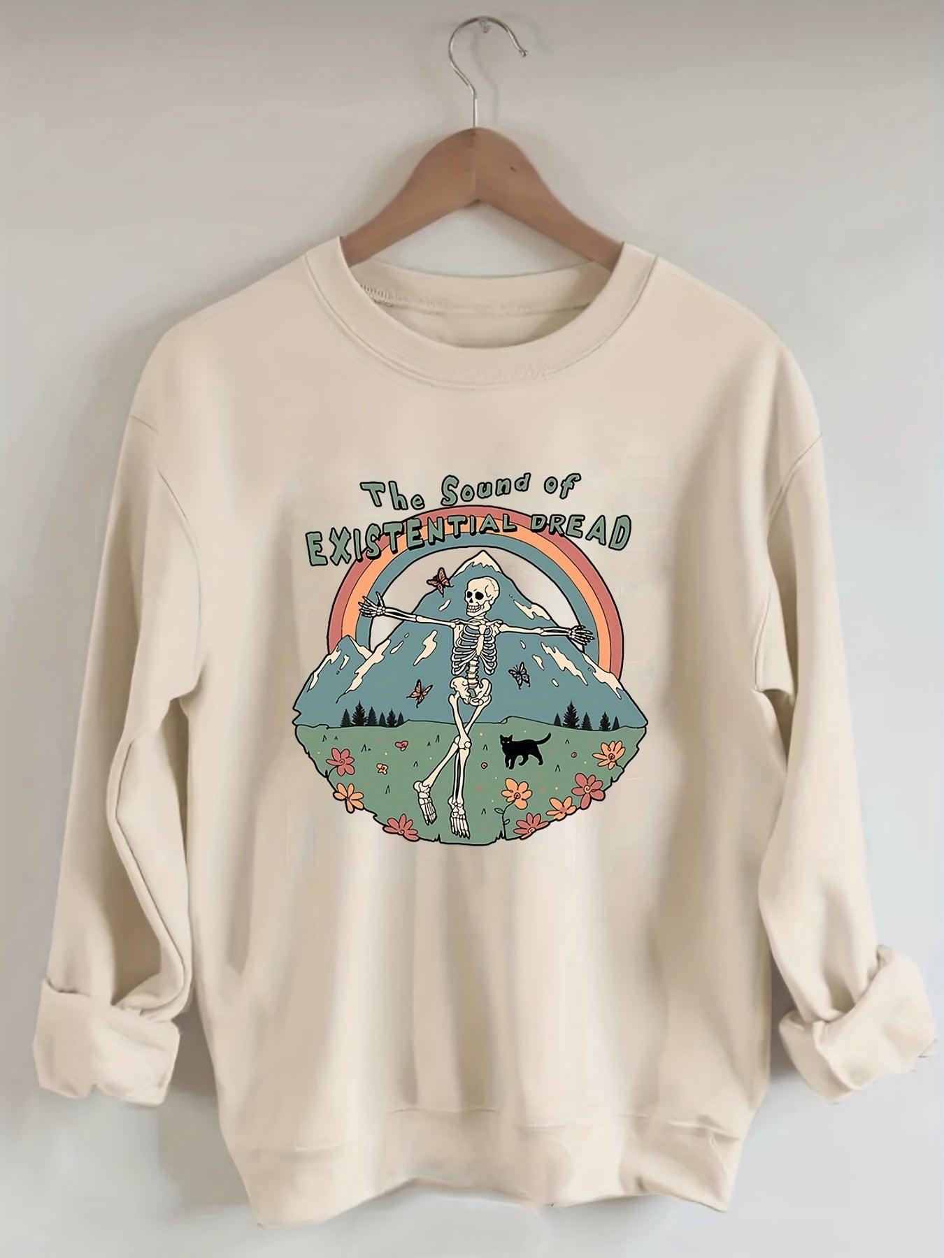 Sixsr Plus Size Halloween Sweatshirt, Women's Plus Skull & Rainbow & Letter Print Long Sleeve Round Neck Sweatshirt