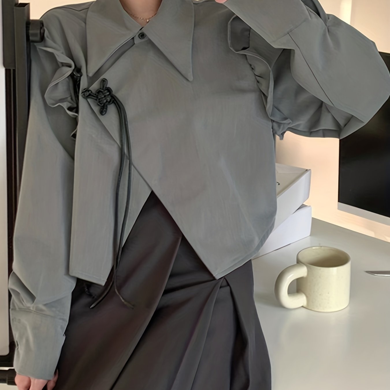 Sixsr Solid Asymmetrical Hem Blouse, Casual Ruffle Trim Long Sleeve Blouse For Spring & Fall, Women's Clothing