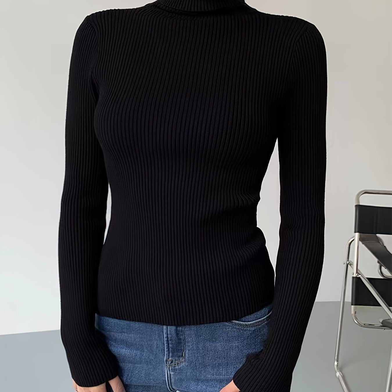 Sixsr Women's Sweater Turtleneck Solid Ribbed Long Sleeve Slim Pullover Knit Tops