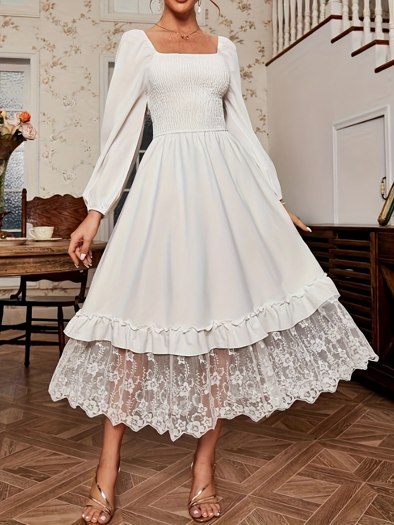 Sixsr Lace Trim Shirred Dress, Elegant Ruffle Square Neck Lantern Long Sleeve Dress For Spring & Fall, Women's Clothing