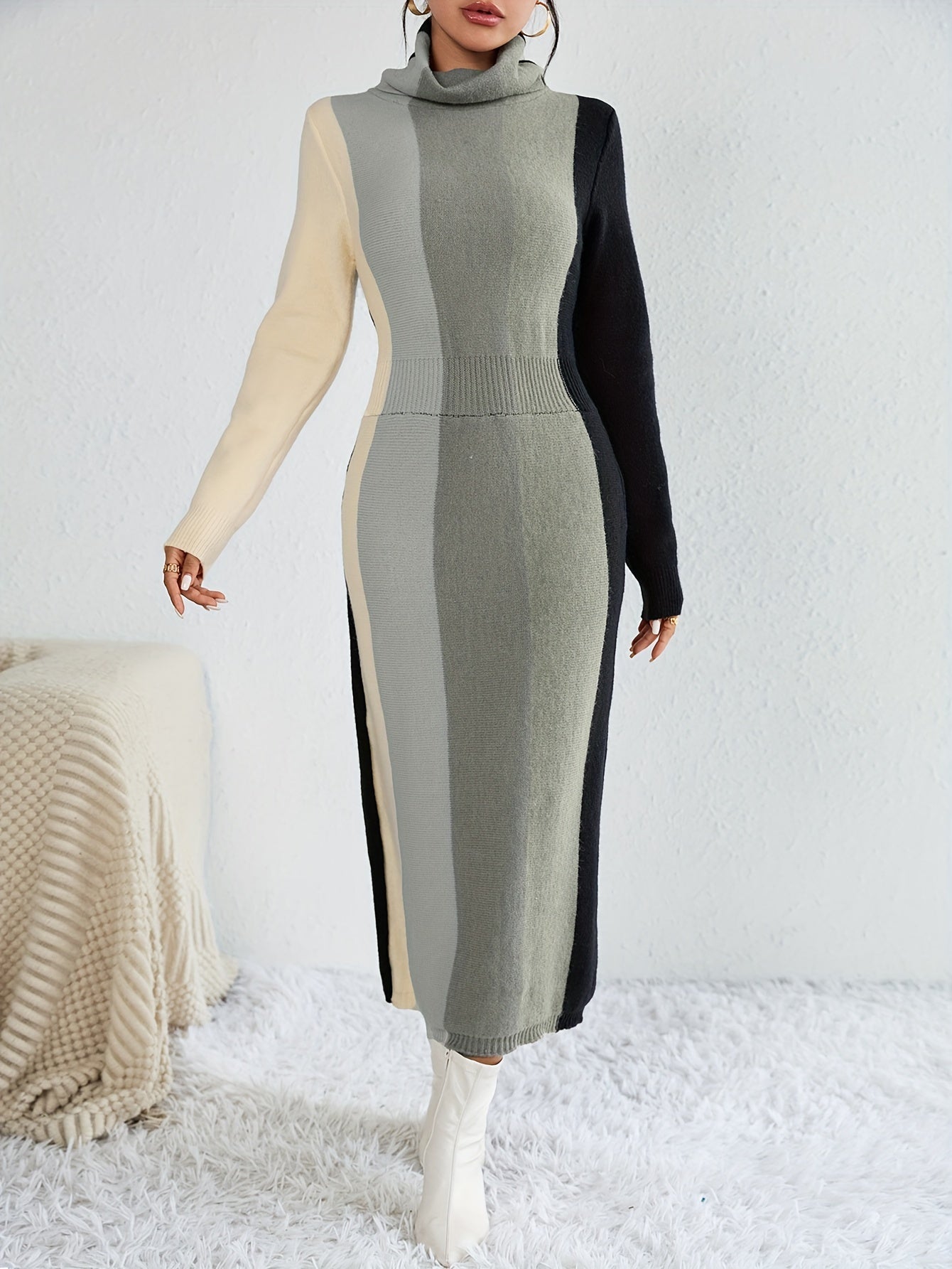 Sixsr Color Block Rib Knit Dress, Casual High Neck Long Sleeve Midi Dress, Women's Clothing