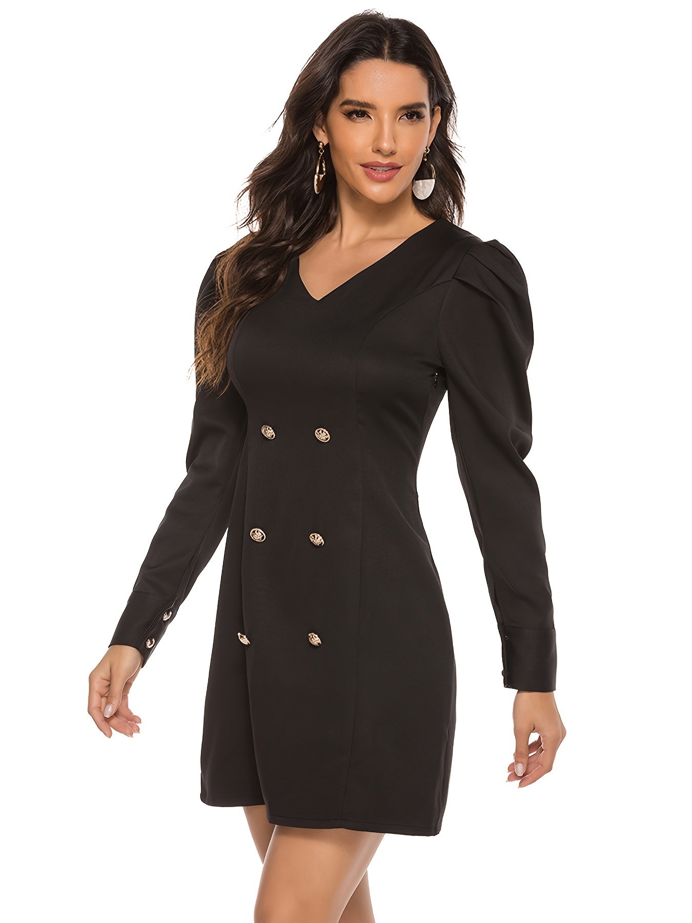 Sixsr Double Breasted Ruffle Hem Solid Tweed Dress, Temperament Slim Ruffled Solid Dress, Women's Clothing