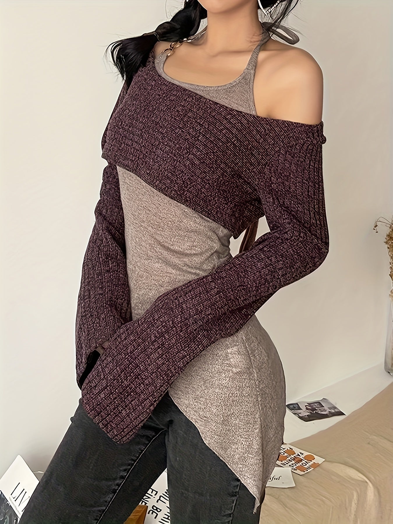 Sixsr Halter Neck Layered T-Shirt, Y2K Asymmetric Hem Long Sleeve Top, Women's Clothing