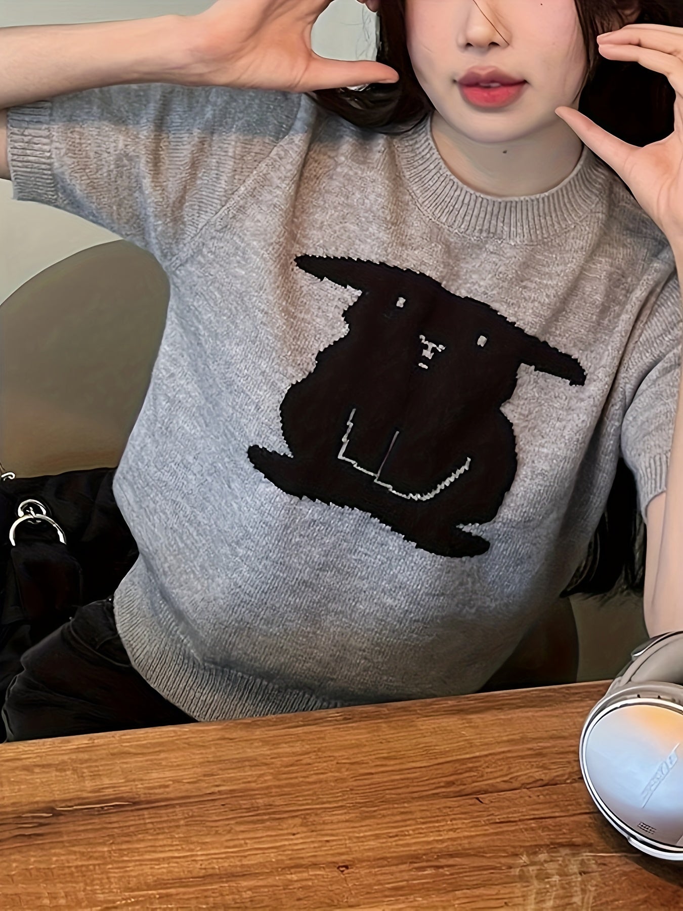 Sixsr Graphic Pattern Crew Neck Knitted Top, Casual Short Sleeve Sweater For Spring & Summer, Women's Clothing