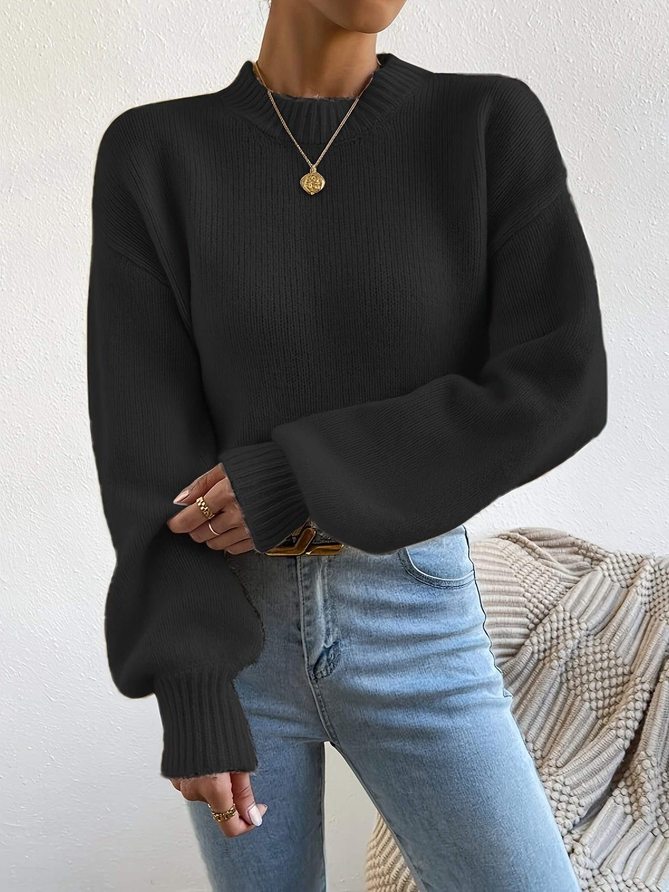 Sixsr Solid Crew Neck Pullover Sweater, Casual Long Sleeve Sweater For Fall & Winter, Women's Clothing