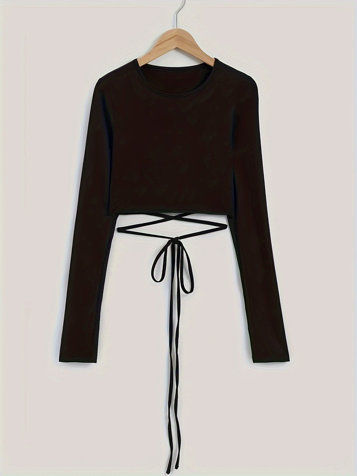 Sixsr Solid Cross Strap Mock Neck Crop T-Shirt, Casual Long Sleeve Top For Spring & Fall, Women's Clothing