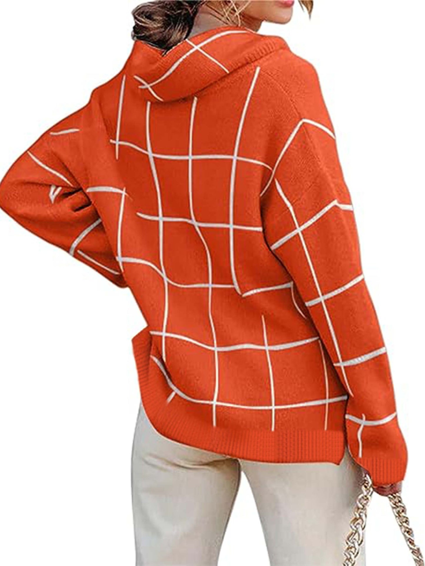Sixsr Plaid Pattern Turtleneck Knitted Pullover Top, Casual Long Sleeve Sweater For Fall & Winter, Women's Clothing