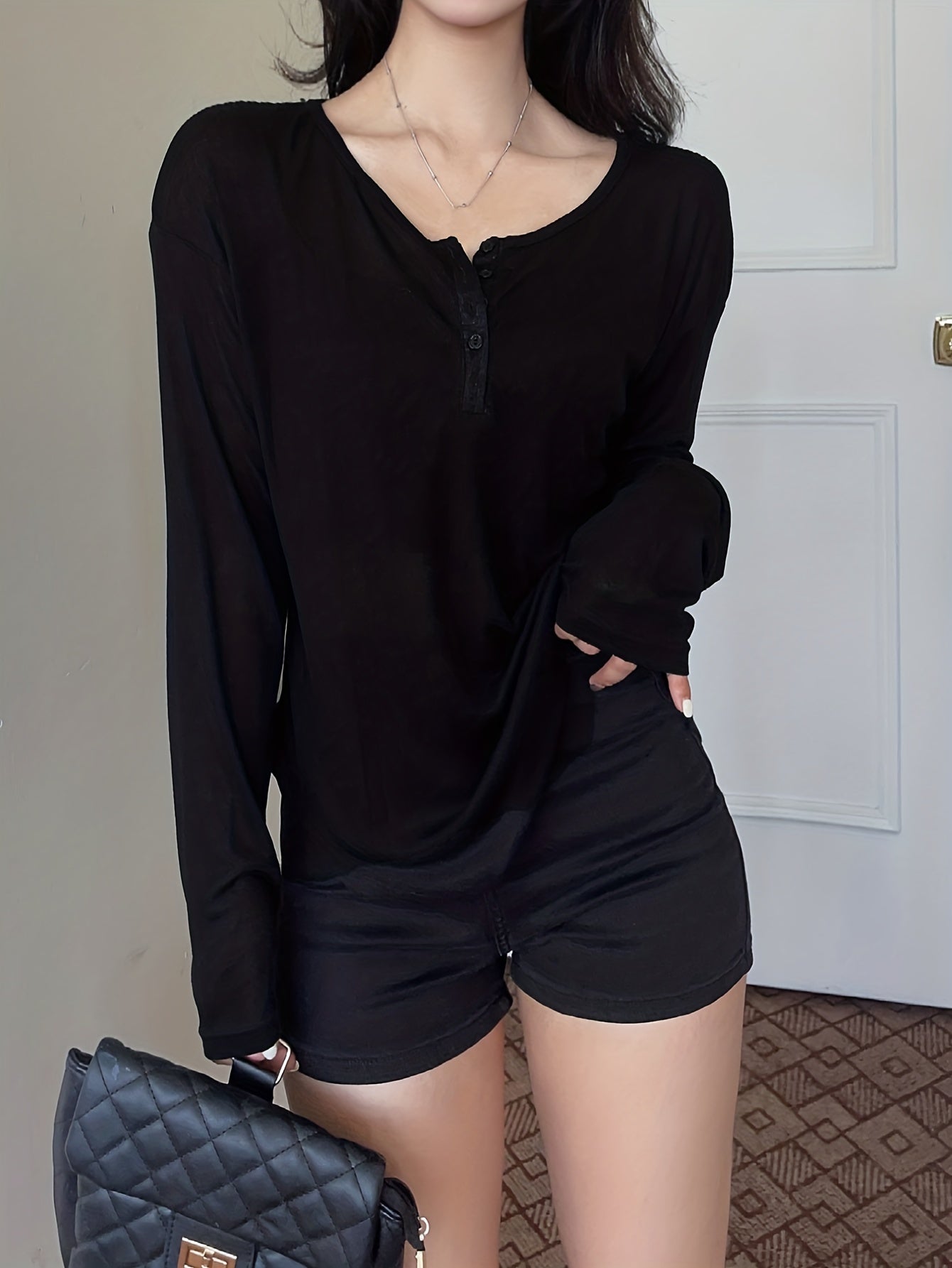 Sixsr Grey Single-breasted Scoop Neck Cover Up T-shirt Top, Long Sleeve Semi Sheer Loose Fit Solid Color Sun Protection Beach Coverup Shirt, Women's Swimwear & Clothing