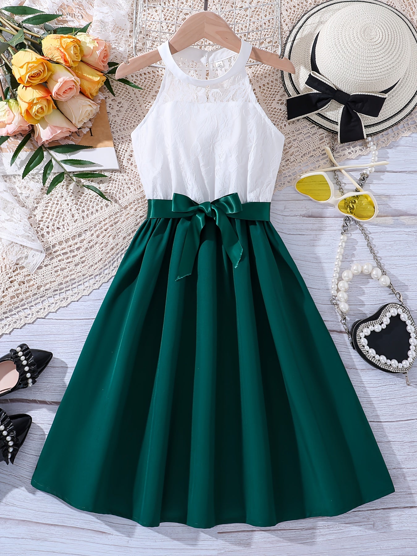 Elegant Girls Splicing Halter Neck Sleeveless Dress With Bow Belt Summer Party Gift
