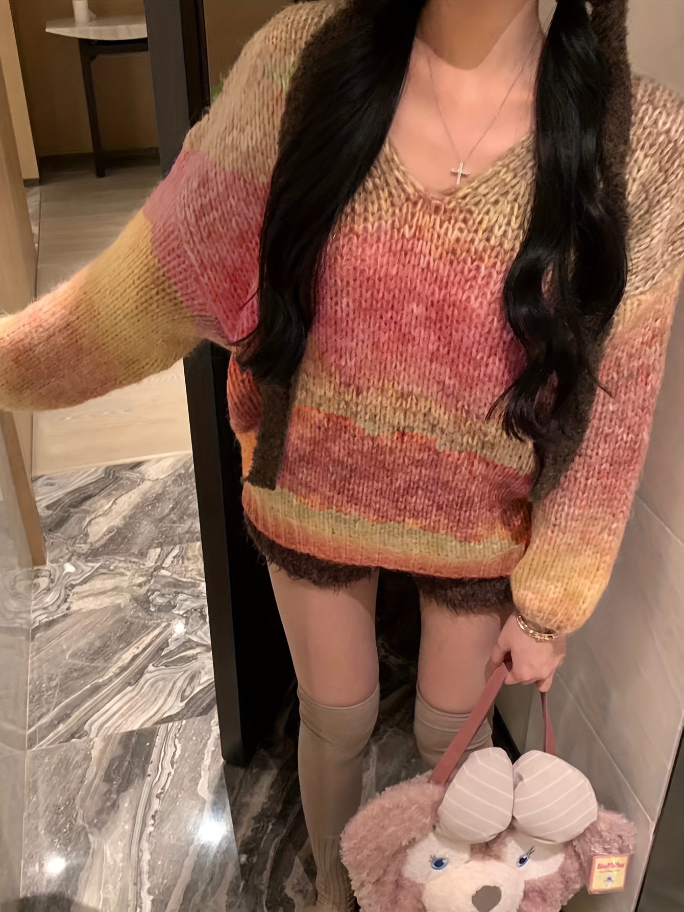 Sixsr Tie Dye V Neck Pullover Sweater, Vintage Long Sleeve Loose Sweater, Women's Clothing