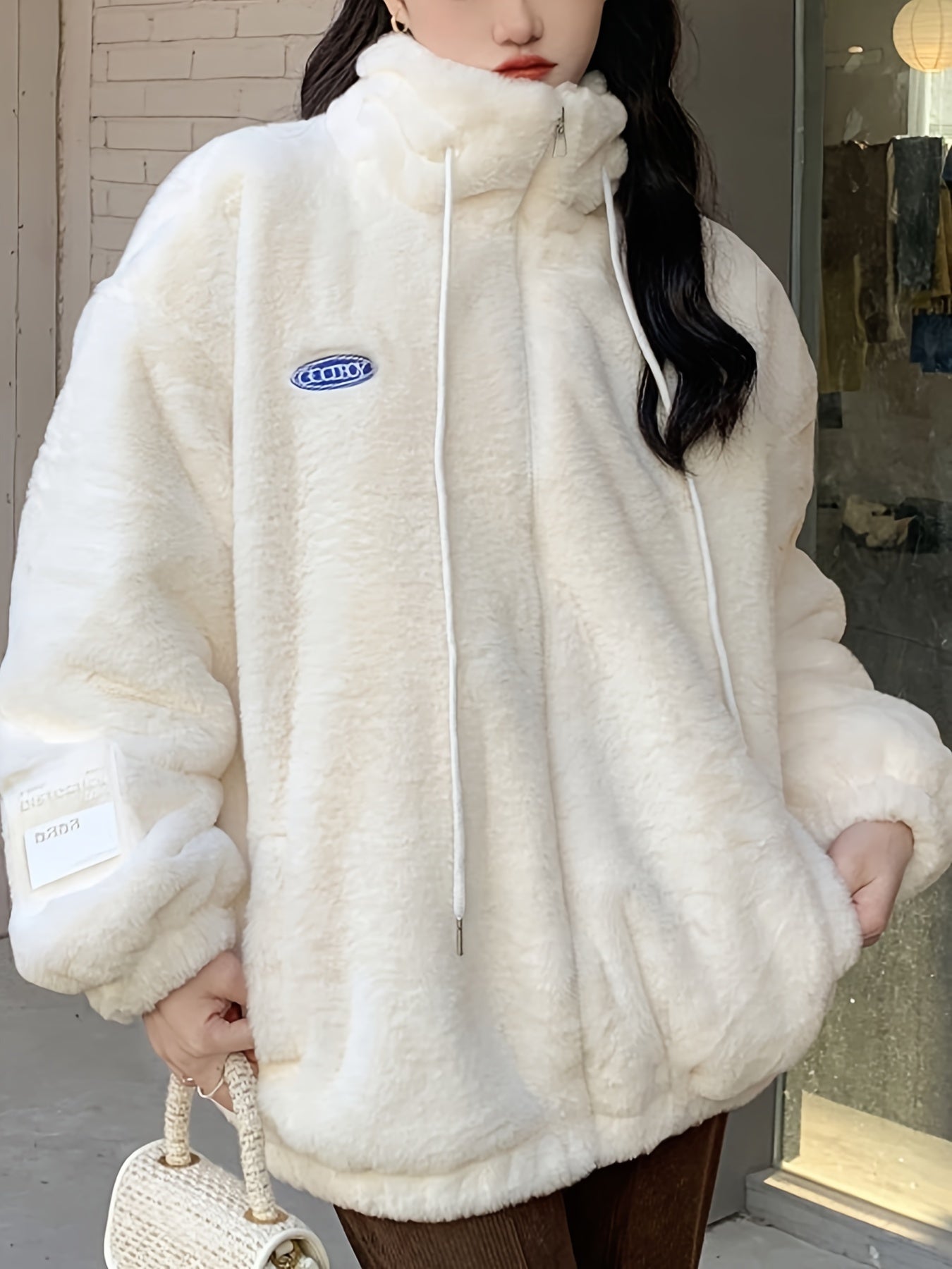 Sixsr Letter Print Zipper Front Loose Coat, Casual Drawstring Turtle Neck Long Sleeve Coat For Fall & Winter, Women's Clothing