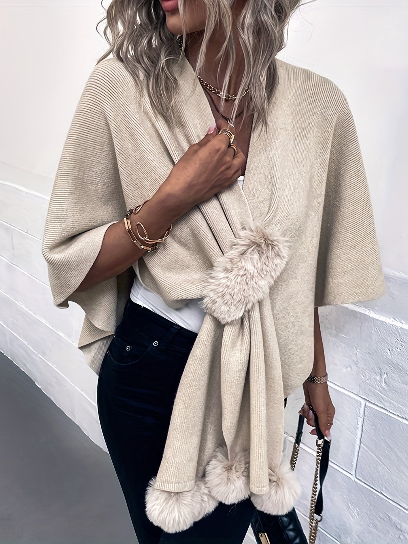 Fluffy Cape Cardigan, Casual V Neck Solid Knit Sweater, Women's Clothing