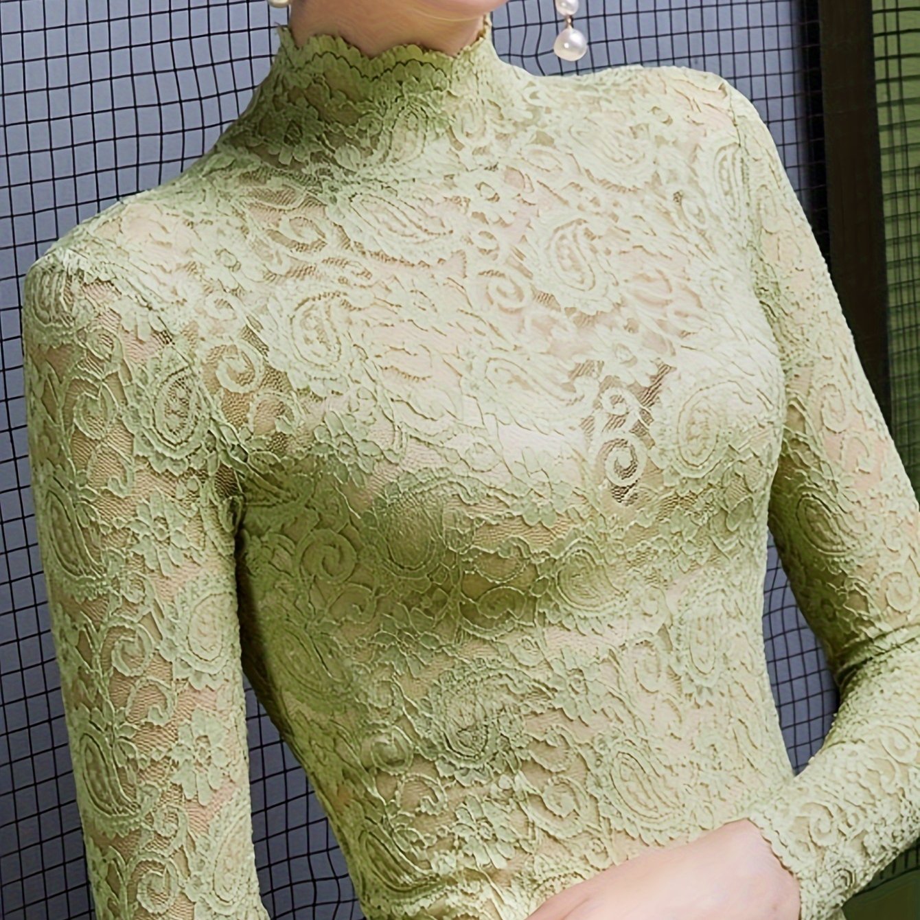 Sixsr Solid Lace Mock Neck Top, Elegant Long Sleeve Top For Spring & Fall, Women's Clothing