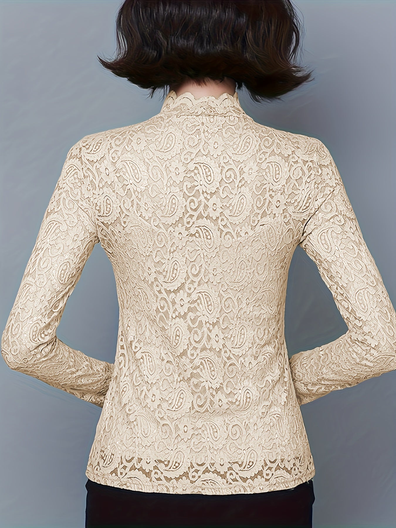 Sixsr Solid Lace Mock Neck Top, Elegant Long Sleeve Top For Spring & Fall, Women's Clothing