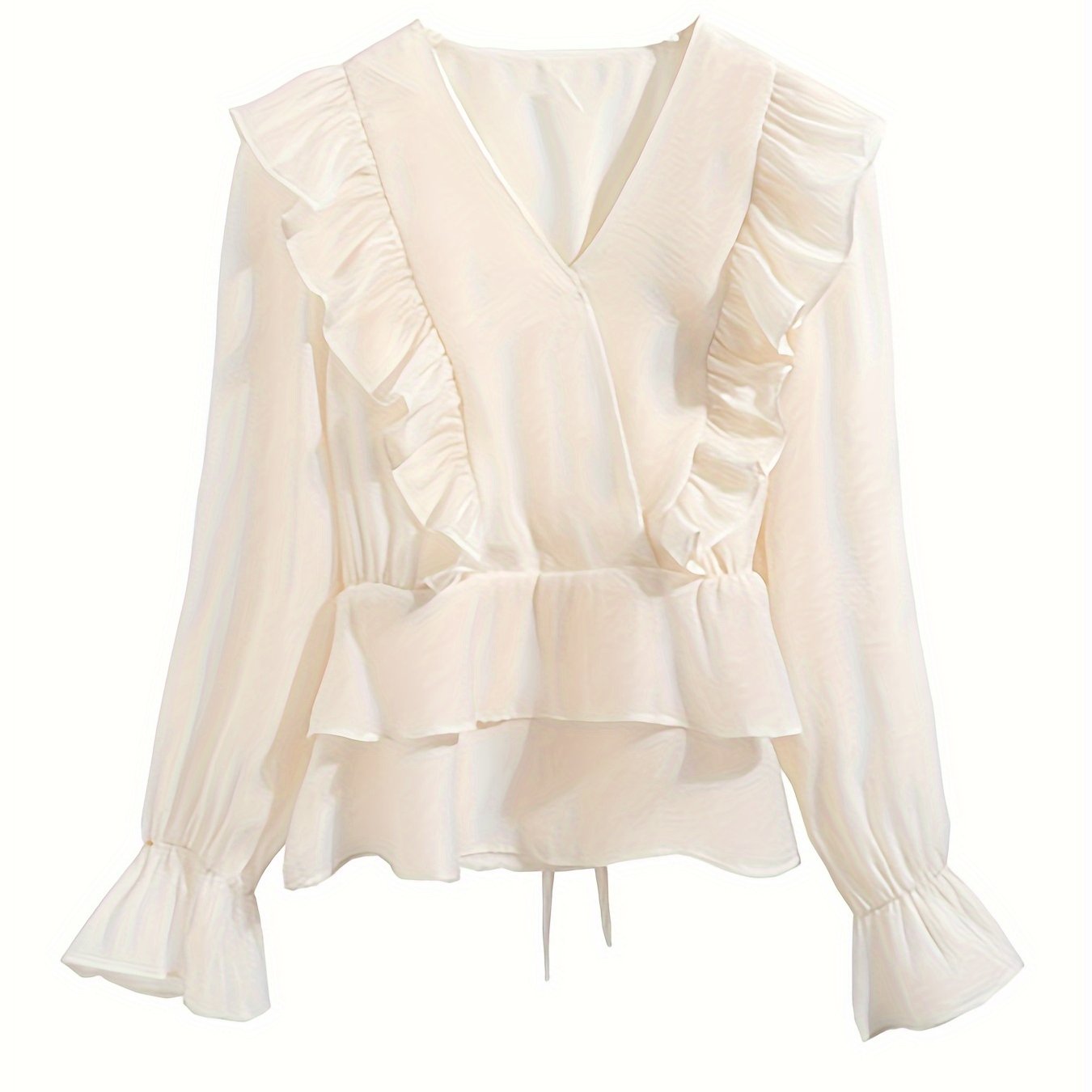 Sixsr Ruffle Trim V Neck Tiered Blouse, Chic Lantern Sleeve Tied Blouse For Spring & Fall, Women's Clothing
