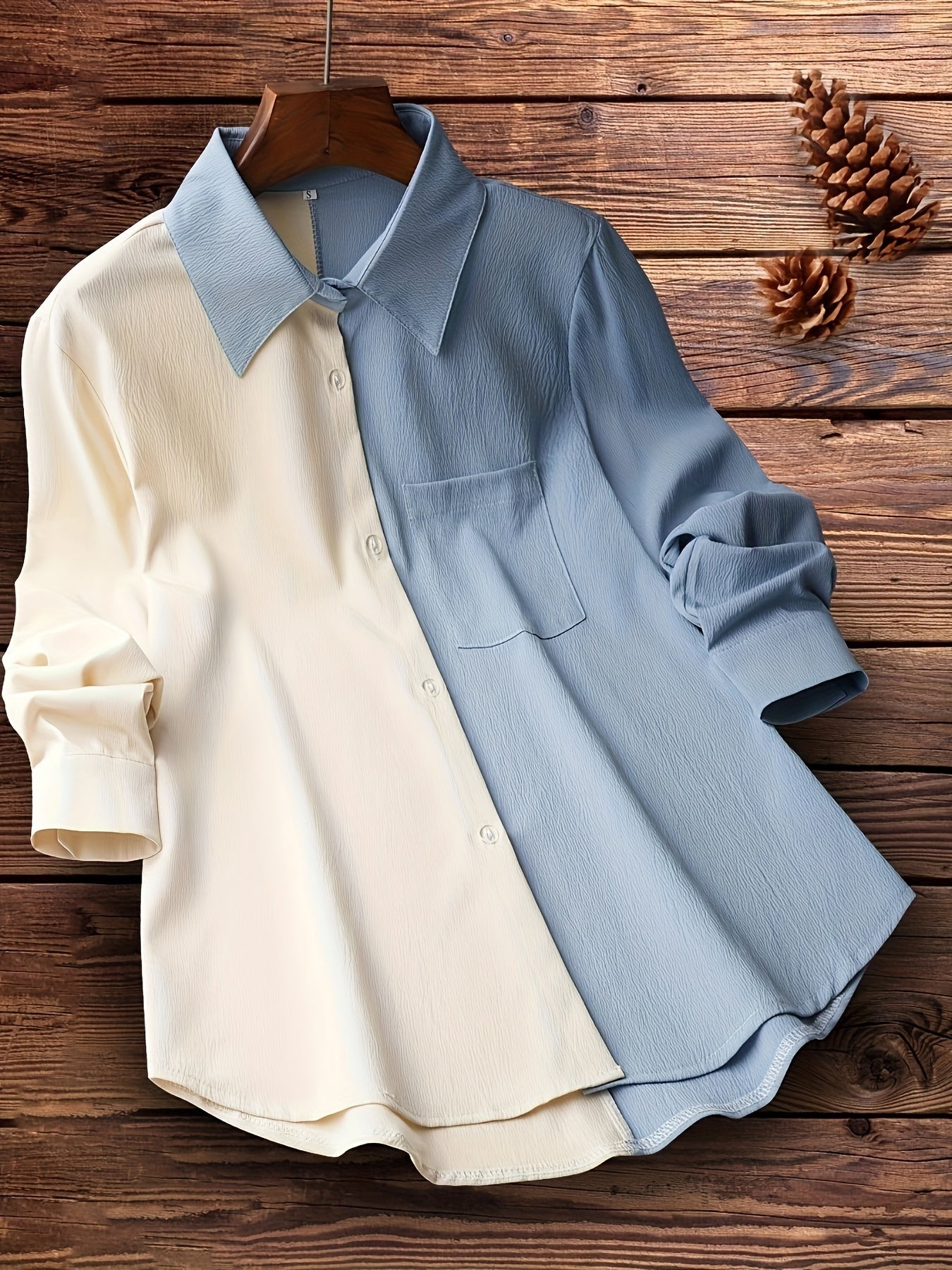 Sixsr Colorblock Polo Collar Button Shirt, Casual Long Sleeve Shirt For Spring & Fall, Women's Clothing