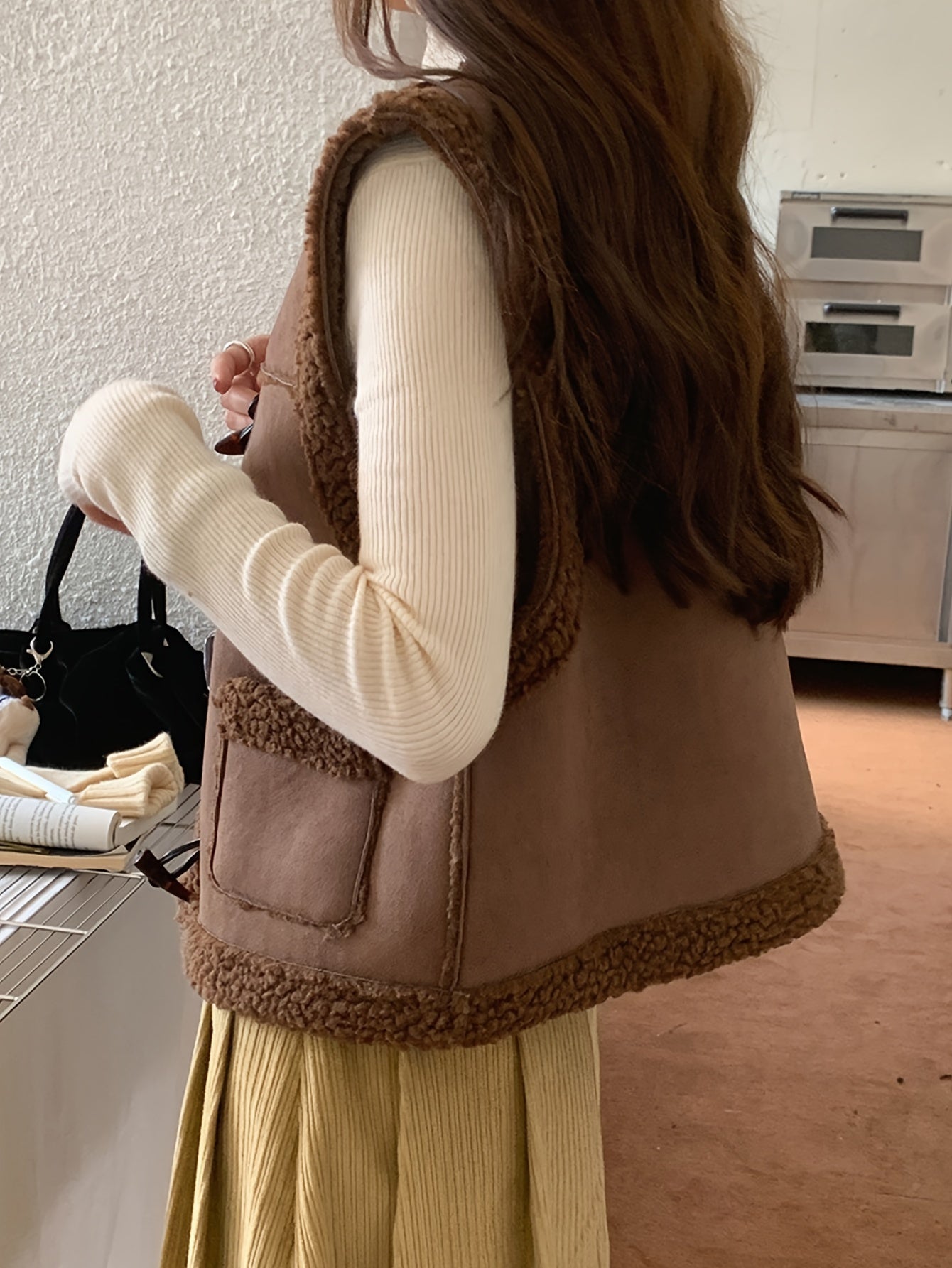 Sixsr Faux Fur Trim Duffle Vest, Casual Thermal Sleeveless Pocket Vest For Fall & Winter, Women's Clothing