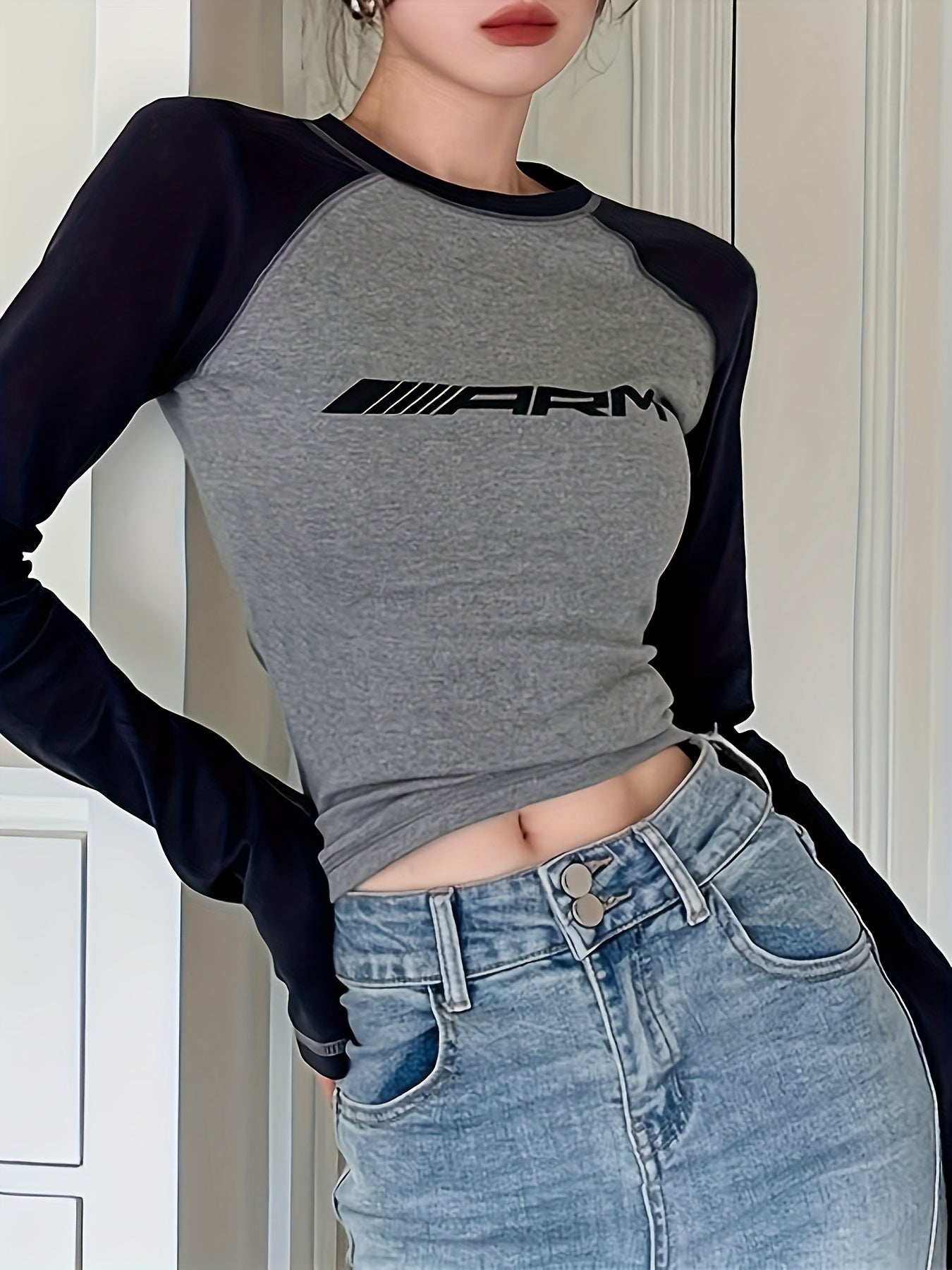 Sixsr Letter Print Colorblock Crew Neck T-Shirt, Casual Long Sleeve Top For Spring & Fall, Women's Clothing