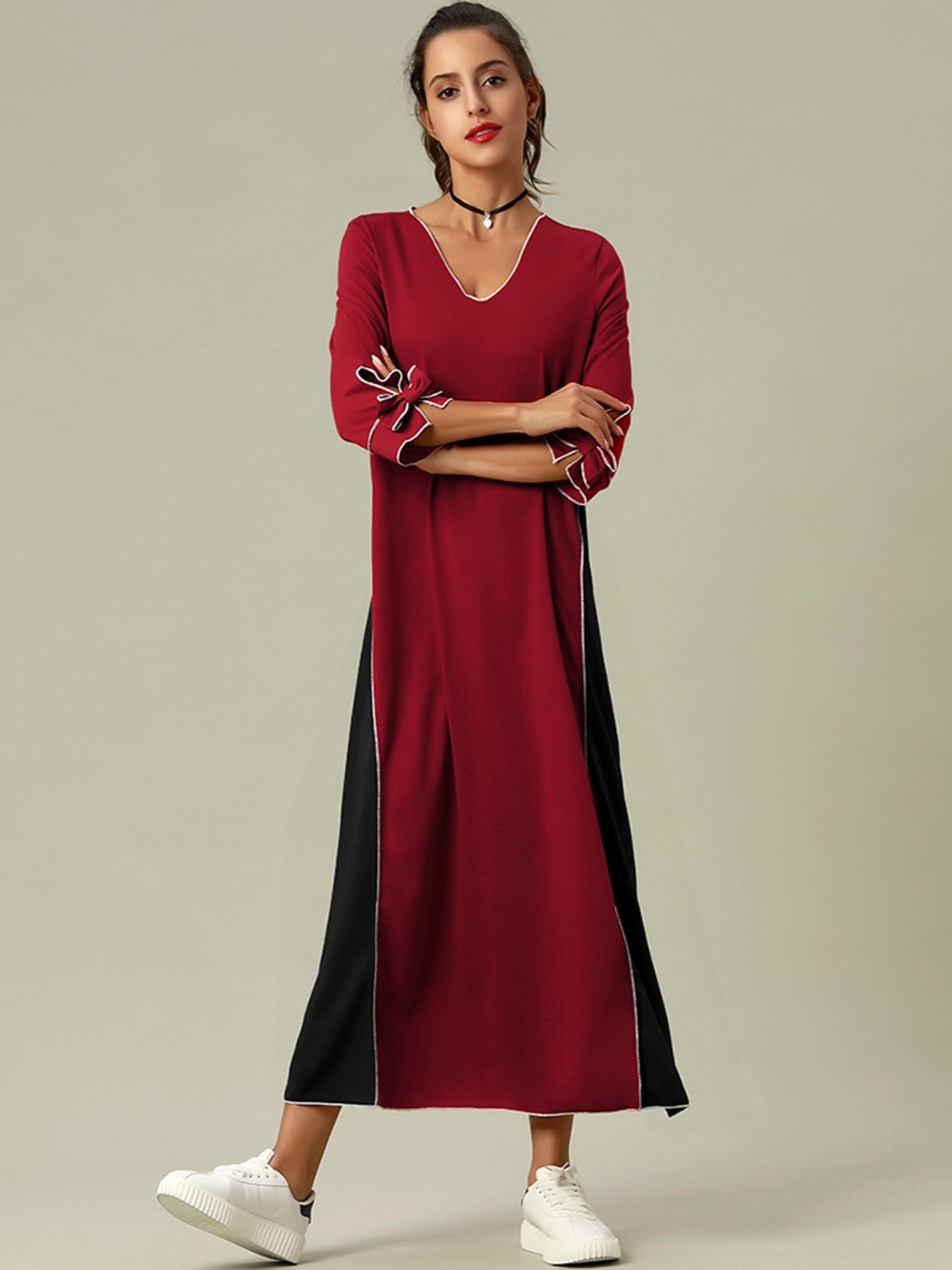 Sixsr Color Block Bow Sleeve Dress, Casual Half Sleeve Loose V-neck Dress, Women's Clothing