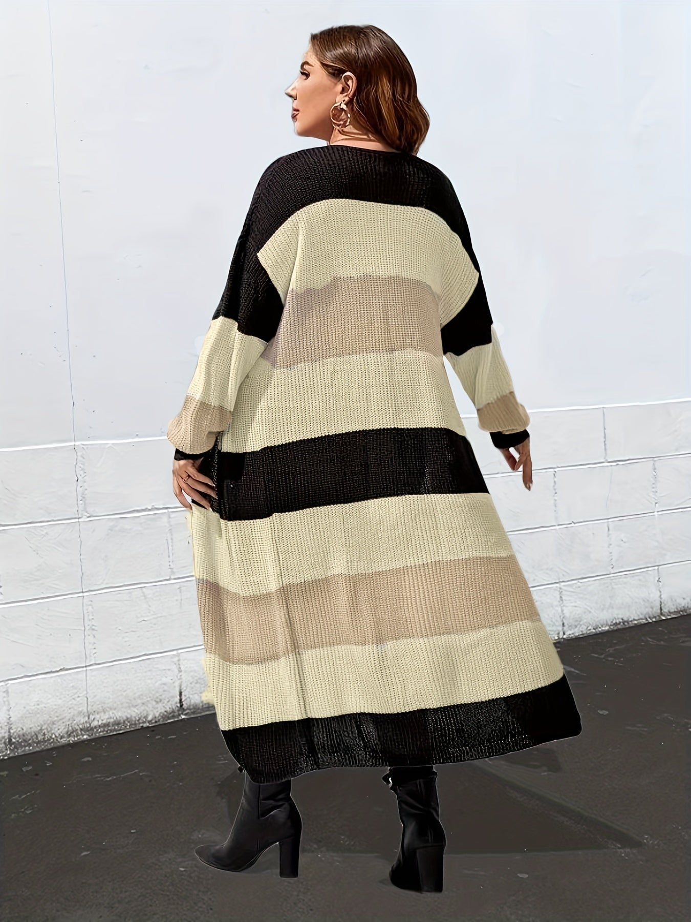 Sixsr Plus Size Colorblock Longline Cardigan, Women's Plus Slight Stretch Casual Sweater Cardigan