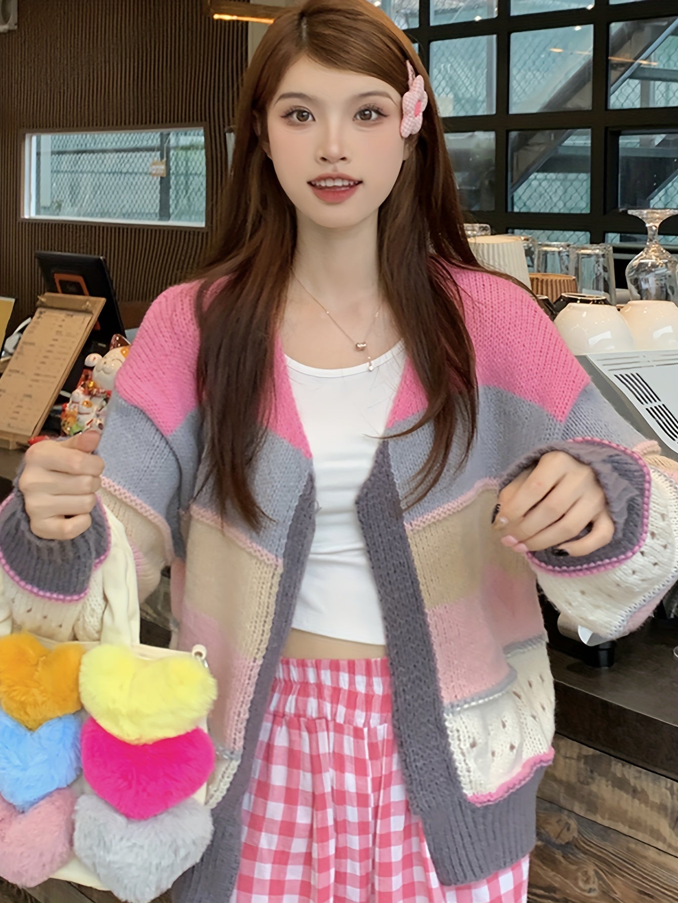 Sixsr Color Block Open Front Knit Cardigan, Casual Long Sleeve Loose Sweater, Women's Clothing