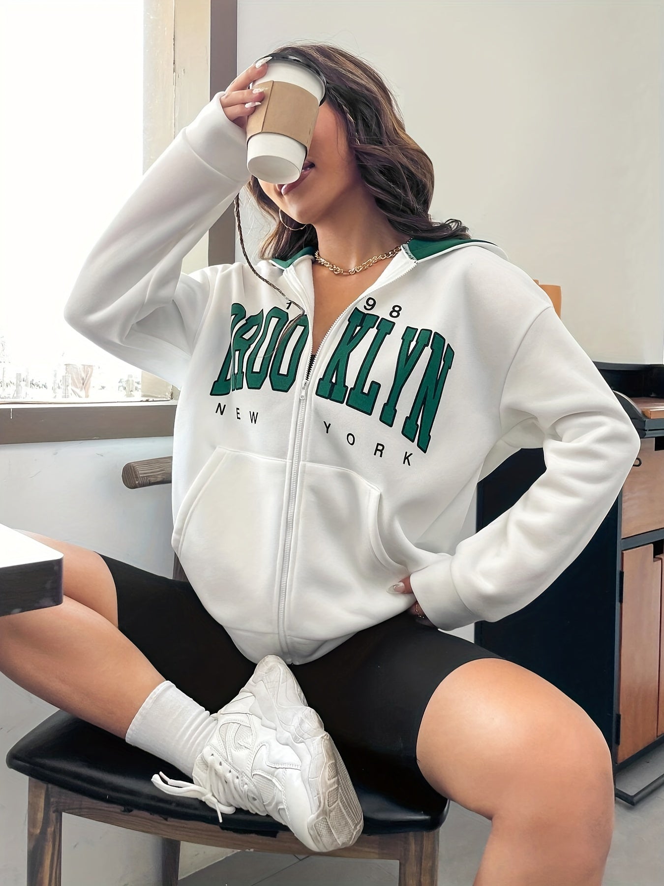 Sixsr Letter Print Zip Up Hoodie, Casual Long Sleeve Hoodies Sweatshirt, Women's Clothing