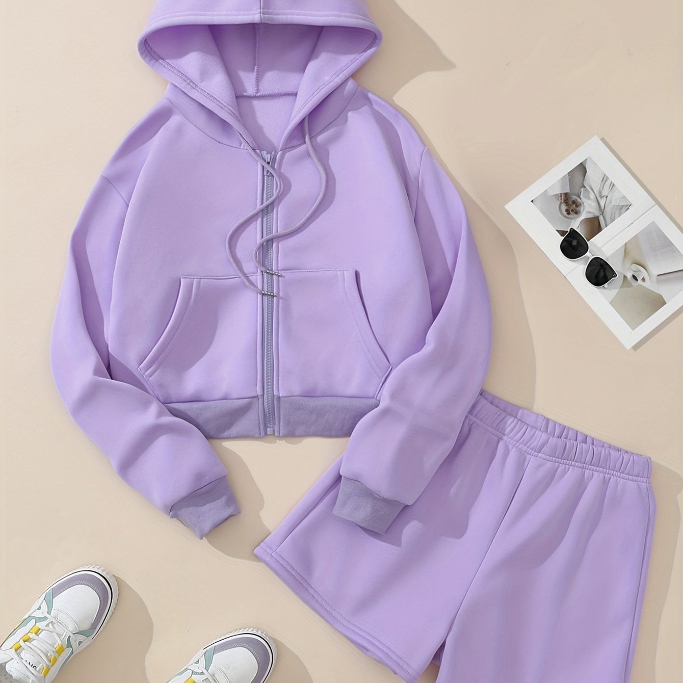 Sixsr Solid Casual Two-piece Set, Zip Up Drawstring Hooded Tops & Elastic Waist Shorts Outfits, Women's Clothing