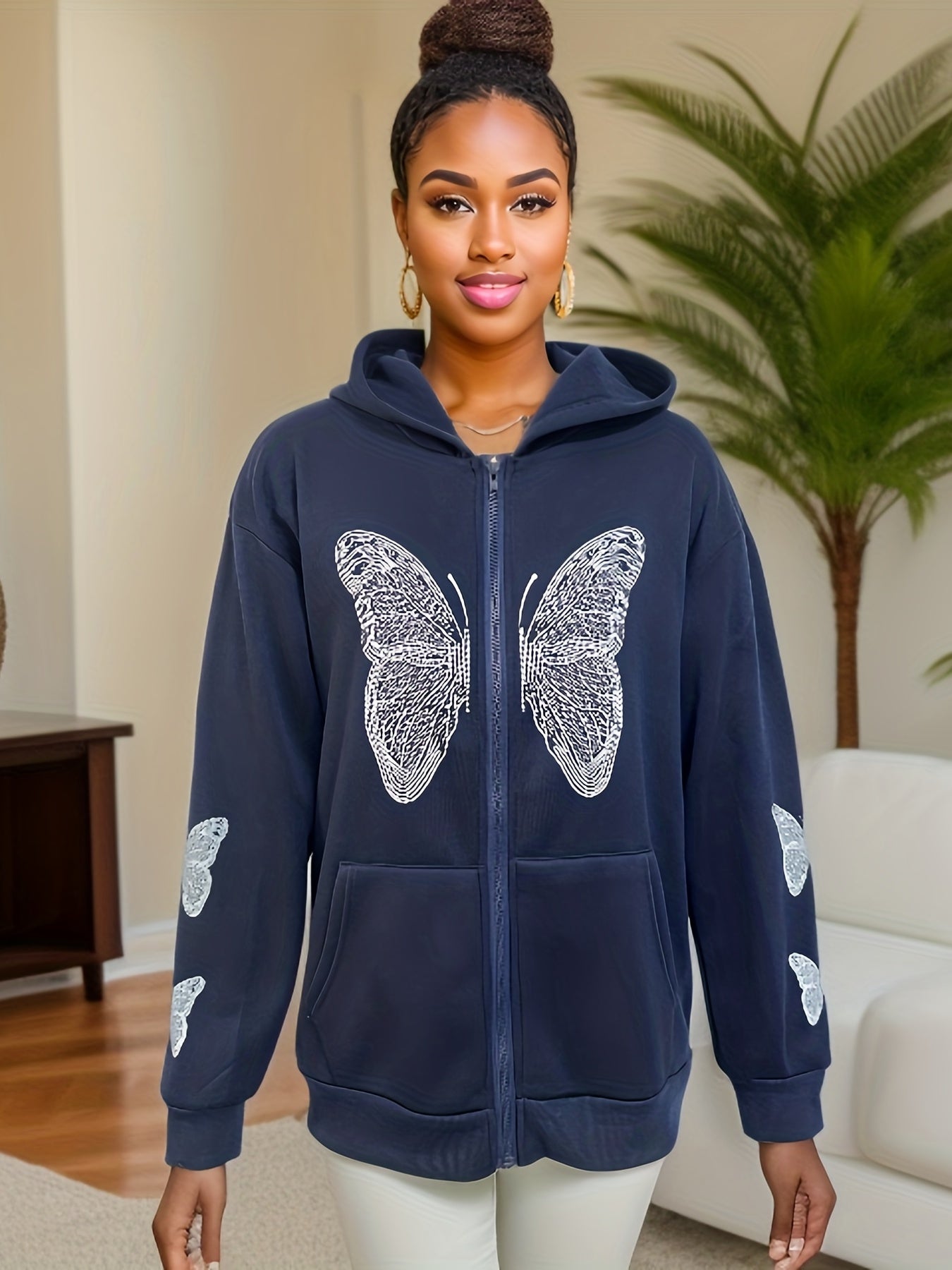 Sixsr Y2K Butterfly Print Sweatshirt, Long Sleeve Crew Neck Zip Up Hoodies Sweatshirts, Casual Tops For Fall & Winter, Women's Clothing