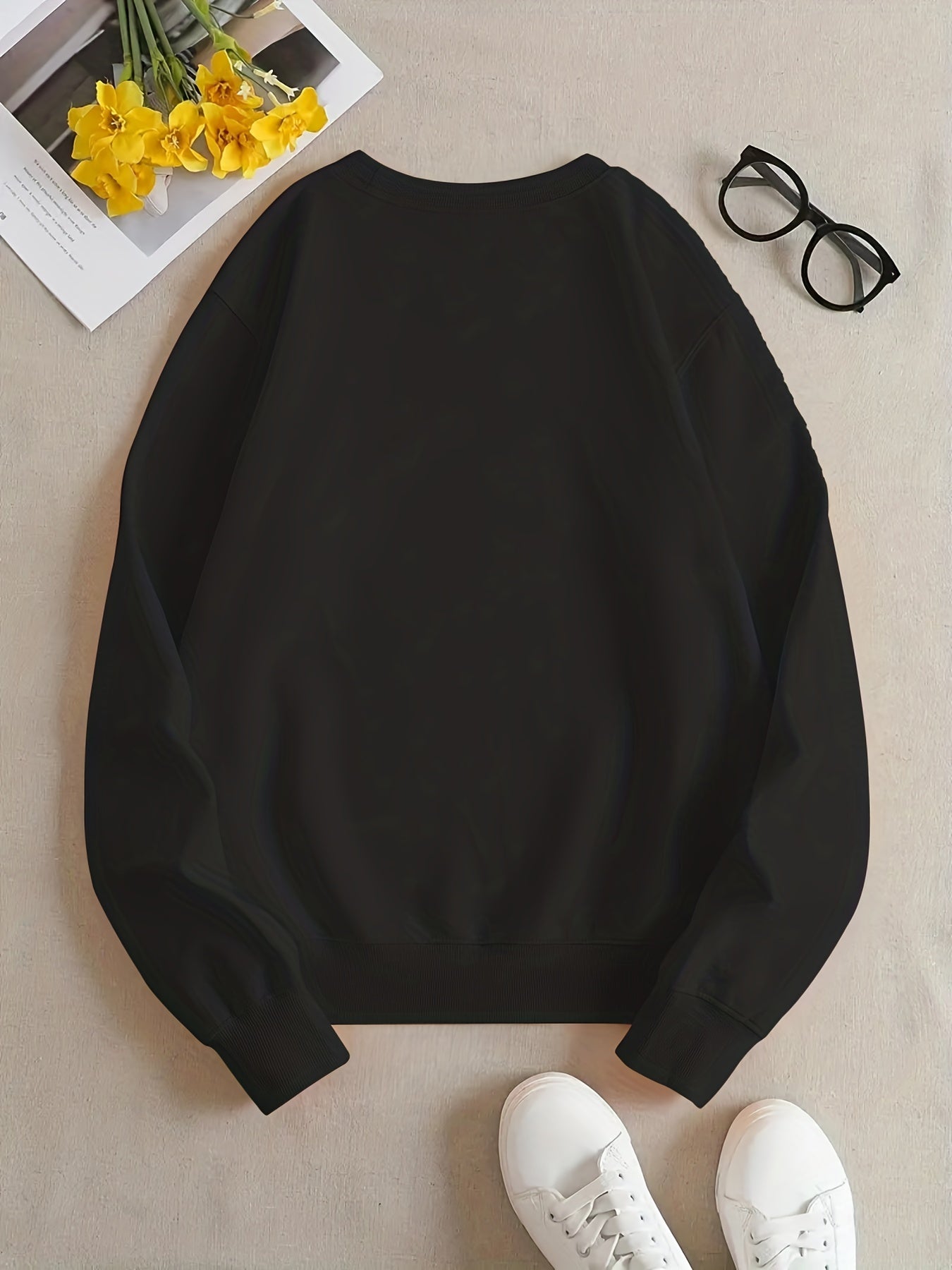 Sixsr Plus Size Casual Sweatshirt, Women's Plus Solid Long Sleeve Round Neck Slight Stretch Sweatshirt