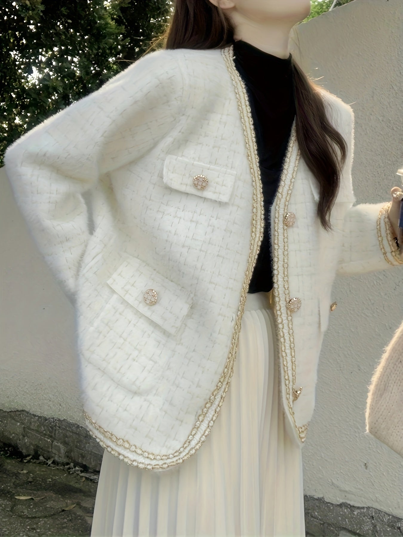 Sixsr Plaid Pattern Button Down Knit Cardigan, Elegant Long Sleeve Pocket Sweater Coat, Women's Clothing
