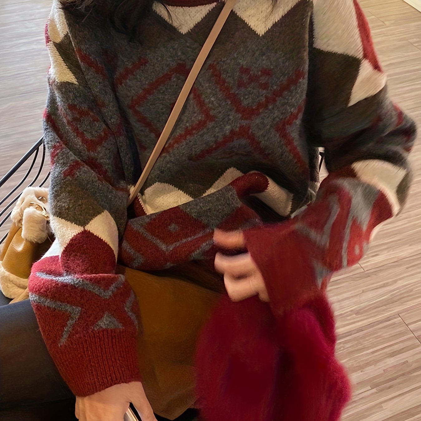 Sixsr Geo Pattern Crew Neck Pullover Sweater, Casual Long Sleeve Loose Sweater Women's Clothing