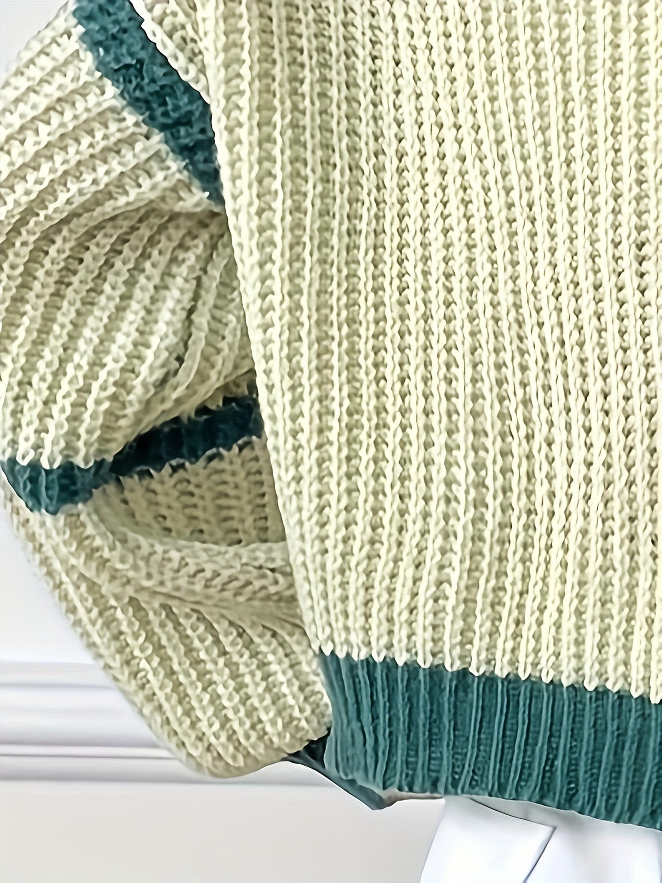 Sixsr Contrast Trim Simple Crop Knit Cardigan, Casual Open Front Lantern Sleeve Sweater, Women's Clothing