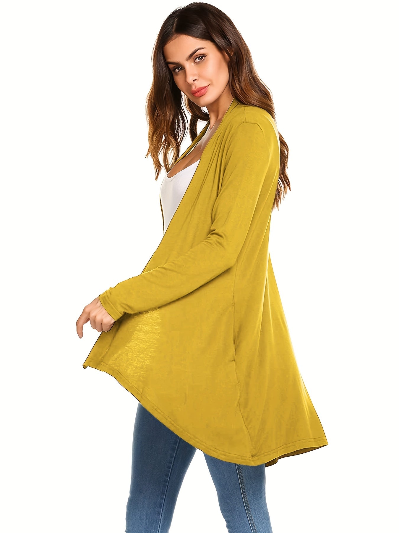 Sixsr Solid Open Front Drape Cardigan, Casual Long Sleeve Pocket Cardigan For Spring & Fall, Women's Clothing