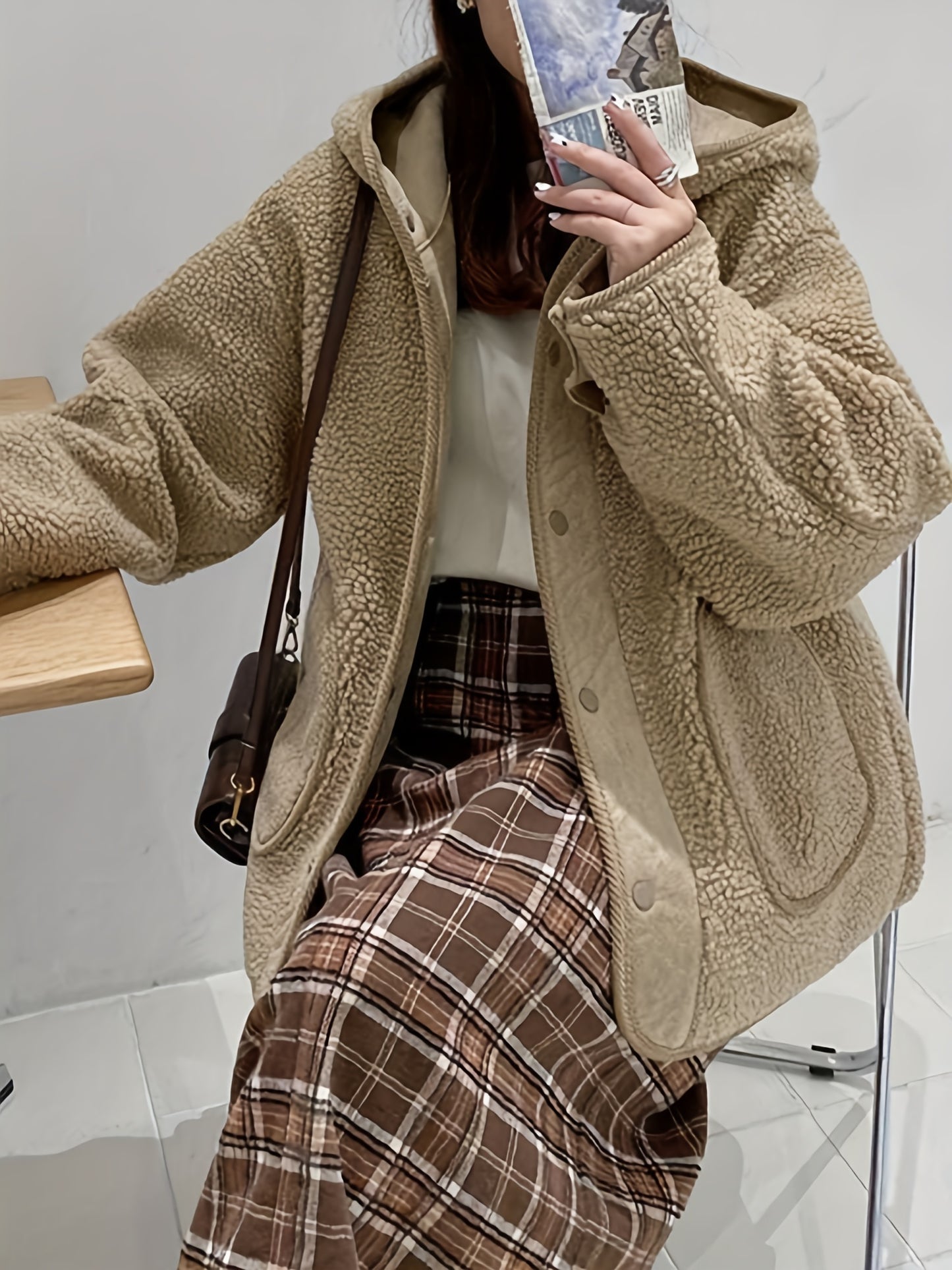 Sixsr Solid Hooded Teddy Coat, Casual Button Front Long Sleeve Winter Outerwear, Women's Clothing