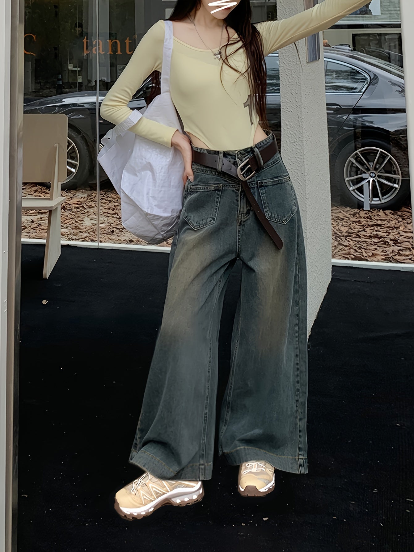 Sixsr High Waist Washed Baggy Jeans, Fleece Liner Loose Fit Without Waistband Wide Legs Jeans, Women's Denim Jeans & Clothing