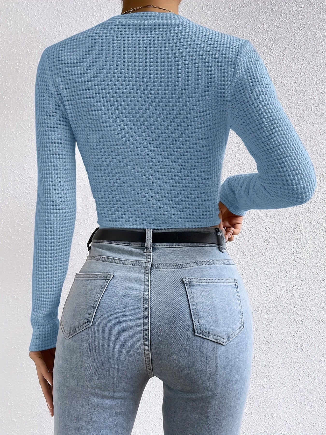 Sixsr Waffle Slim Crew Neck T-Shirt, Casual Long Sleeve Top For Spring & Fall, Women's Clothing