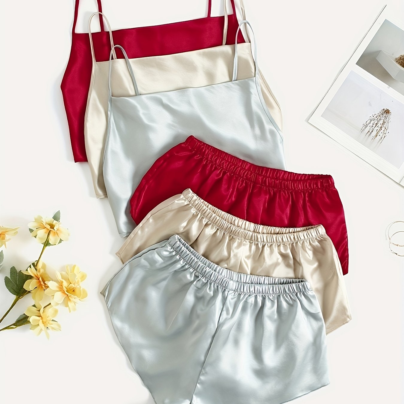 Sixsr 3 Sets Solid Satin Pajama Set, V Neck Cami Top & Elastic Waistband Shorts, Women's Sleepwear & Loungewear