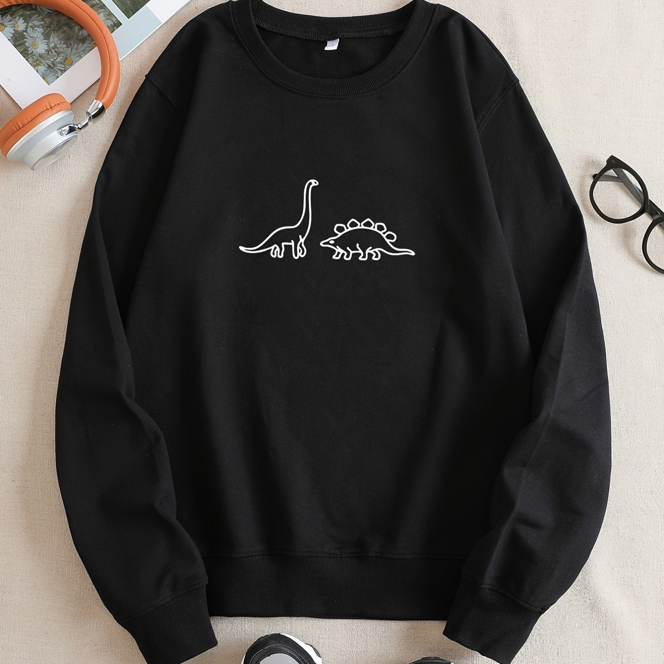 Sixsr Two Dinosaurs Graphic Print Sweatshirt, Long Sleeve Crew Neck Pullover Sweatshirt, Casual Tops For Fall & Winter, Women's Clothing